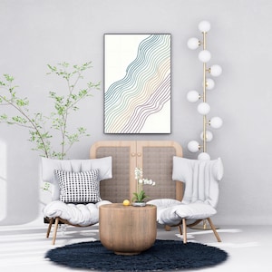 May include: A modern living room scene featuring two white armchairs with cushions, a wooden coffee table, and a framed abstract art piece. A tall gold floor lamp with white globe lights and a dark blue rug complete the decor.