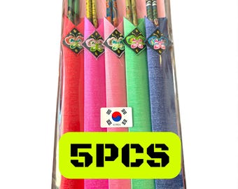 Korean Traditional Stainless Chopsticks – 5pcs Gift Set with Embroidered Case (Random Colors)