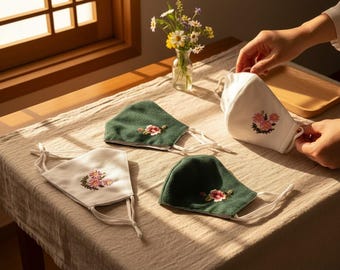 koreanisches gesticktes Gesichtsmaskenset mit Baumwollfutter, wiederverwendbare Stoffmasken mit Baumwollfutter, verstellbare Ohrschlaufen, Filtertasche