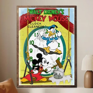 May include: A framed vintage cartoon print featuring Mickey Mouse and Donald Duck as clock cleaners. Mickey is in red shorts, and Donald is in a blue sailor suit. The print has the text "WALT DISNEY'S MICKEY MOUSE CLOCK CLEANERS".