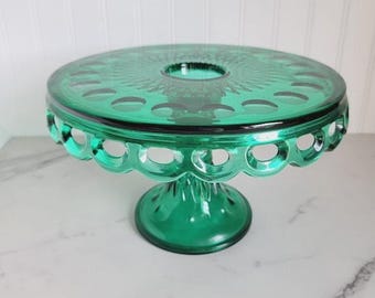 Vintage Colony Lacette Terrace Green Pedestal Cake Stand Indiana Glass *RARE*