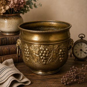 May include: A round brass planter or wine cooler featuring a detailed embossed relief of grape clusters and vine leaves. The vessel has a rope-style rim, a pedestal base, and two side handles shaped like lion heads holding metal rings.