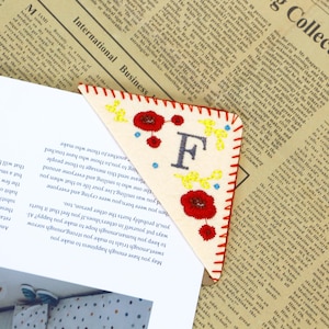 Custom Felt Triangle Corner Bookmark, Hand Embroidered with Initials & Seasons, Personalized Book Marker for Book Lovers