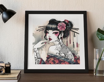 Impresión de obra de arte original de chica Harajuku: impresión de anime japonés de manga con tatuajes de estilo xilografía con acuarela (21 cm x 21 cm)