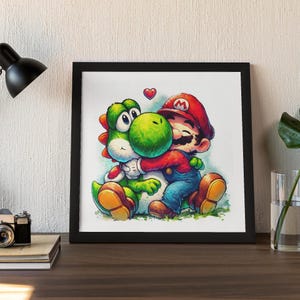 Mario and Yoshi Hug Original Art - Geek Gift Childs Nursery/Playroom Art Print Watercolour Style Illustration Poster