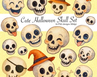Cute Skulls digital download set - Halloween Clip Art - PNG Bundle - Commercial Use - Funny Bones Instant Download