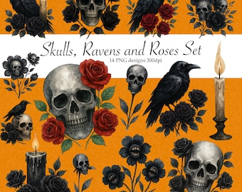 Calaveras, rosas y cuervos en acuarela (imagen PNG): Arte digital gótico espeluznante (uso comercial, 15 cm x 15 cm, descarga digital)