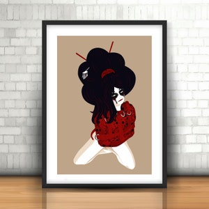 May include: A digital illustration of a woman with black hair styled in a bun with chopsticks, wearing a red and black patterned jacket with a white face and black eyes.