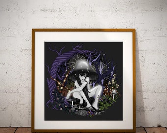 Coprine and the Spider - Shaggy Ink Cap Mushroom Girl - Weird Mushroom Woodland Spooky Art Illustration Toadstool Spider unframed Print