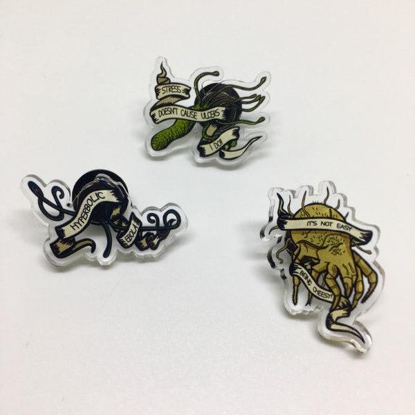 Microbiology/microbe tattoo style pins - Cheese mite Ebola and H Pylori - Virus Science Geek Gift Pins Original Art Pin Badge Design