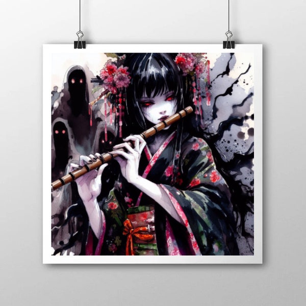 Shakuhachi's Breath - Original Artwork (21cm x 21cm) - Spooky Creepy Geisha Manga Anime watercolour illustration Poster Print Wall Art