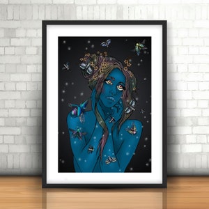 Zoopsia - Japanese Manga/Anime Print - Insect art Bugs Beetles Moths and Butterflies - Blue Girl - Insect Lovers - Mental Health Awareness