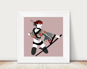 May include: A woman in a gray and red floral kimono with a black and white tattoo on her stomach holds a katana sword in a fighting pose.