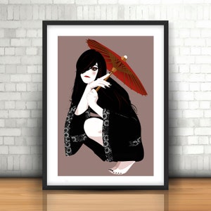 Arte de geisha Kuniko - Ilustración artística de estilo tradicional japonés - Impresión de póster - Pintura digital original de arte mural
