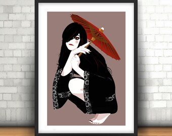 May include: A woman in a black kimono with a red and white umbrella. She is sitting on the floor with her legs crossed and her hands holding the umbrella.