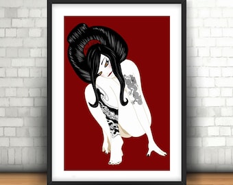 May include: A black and white illustration of a woman with long black hair and a dragon tattoo on her leg. She is posed in a crouching position against a red background.