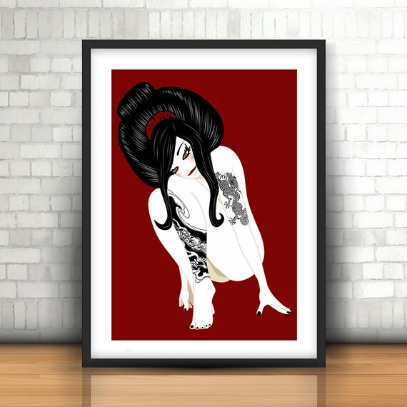 570px x 570px - Marudashi (naked) - Geisha Art - Japanese Style Manga Anime Illustration  Print - Dragon tattoo woman female nude wall art canvas