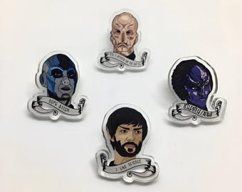 Star Trek tattoo style pins - Spock Saru Lrell Airiam- Trekkie Space Science Geek Gift Pins Original Art Pin Badge Design