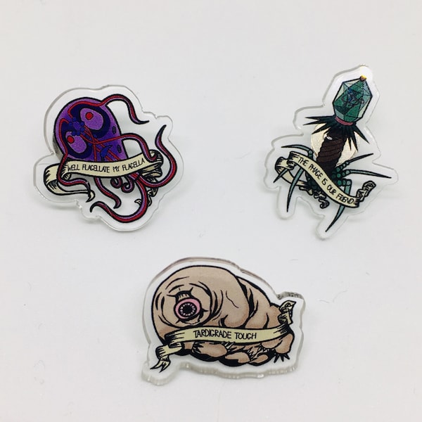 Microbiology/microbe tattoo style pins - Tardigrade Giardia and Bacteriophage - Virus Science Geek Gift Pins Original Art Pin Badge Design