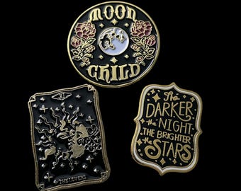 3x Curated Enamel Pin Collection - Moon Child The Lovers and Bright Star Enamel Pins - Vintage Tarot Lunar Geek Gift Pin Badge Set