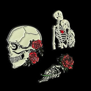 3x Curated Enamel Pin Collection - Skulls and Roses - Vintage Goth Skeleton Spooky Creepy Weird Geek Gift Pins Pin Badge Design