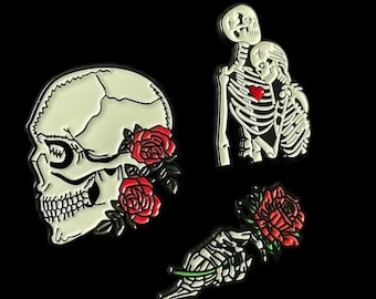 3x Curated Enamel Pin Collection - Skulls and Roses - Vintage Goth Skeleton Spooky Creepy Weird Geek Gift Pins Pin Badge Design