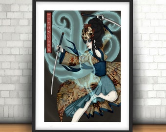 May include: A woman in a blue and gold kimono holds two swords, with a ghostly blue figure behind her. The text "いったほうがいい" is written in Japanese on the left side of the image.