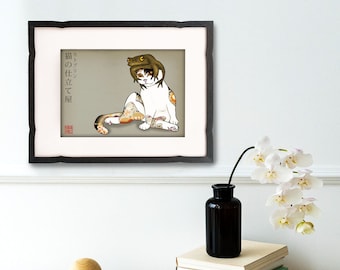 Cat Charity Print - Catprin Frog Hat - Japanese Woodblock Traditional Style Cat Meme Art Illustration Wall Art Animal Charity Print