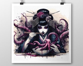 Odorigui Revenge - Original Artwork (21cm x 21cm) - Spooky Creepy Geisha Manga Anime watercolour illustration Poster Print Wall Art