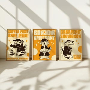 Juego de 3 pósteres de perros: arte divertido para la pared de la cocina, juego de impresiones de café, croissant y vino, decoración cálida y neutra para el comedor o la cafetería.