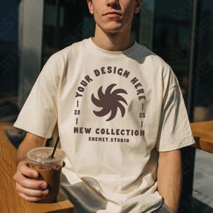 Ivory Comfort Colors 1717 T-Shirt Mockup Men, CC1717 Oversized Tee Mockup, Outdoor Lifestyle Coffee Scene, PSD JPEG, Canva Mockup