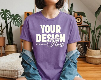 Heather Team Purple Bella Canvas 3001 T-Shirt Mockup, BC 3001 Tee Boho Home Lifestyle on Model PSD JPEG for Canva