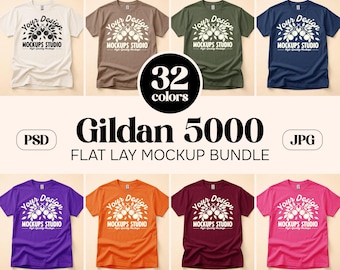 May include: A flat lay mockup bundle featuring Gildan 5000 t-shirts in various colors. The shirts display the text "Your Design" and "Mockups Studio". The image includes the text "32 colors", "PSD", and "JPG".