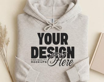 Ash Gildan 18500 Folded Flat Lay Mockup, Hoodie Sweatshirt Mockup, Hooded Sweater Flatlay, Simple G185 Mock, White Background Mockup