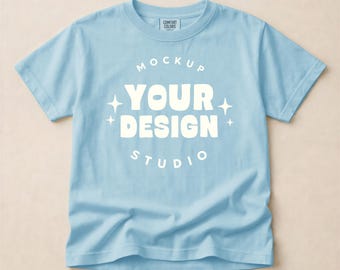 Chambray Comfort Colors C9018 Flat Lay T-shirt Mockup | С9018 Kids Unfolded Shirt Mock-Up | Oversized Youth Shirt Tee | JPG, PSD