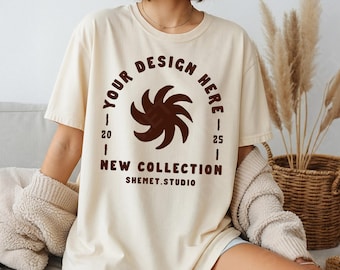 Ivory Comfort Colors 1717 T-Shirt Mockup, CC1717 Oversized Tee on Model, Front Print Area PSD JPEG Canva Digital Download