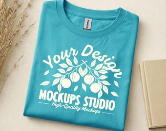 Tropisch blauw Gildan 5000 platliggend gevouwen T-shirtmodel | G500-shirtmodel | Oversized overhemd platliggend T-shirt | Canvas, Photoshop