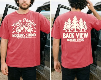 Watermelon Comfort Colors C1717 Front & Back Men T-Shirt Mockup | CC 1717 T-Shirt Mock-up | Outdoor Dual View Lifestyle Car PSD JPEG