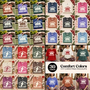 May include: A collection of 30 different colored t-shirts, each folded and displayed. The shirts feature a design with trees and the text "Your Design MOCKUPS STUDIO". The image also includes the text "Comfort Colors" and "1717 Christmas Mockups".