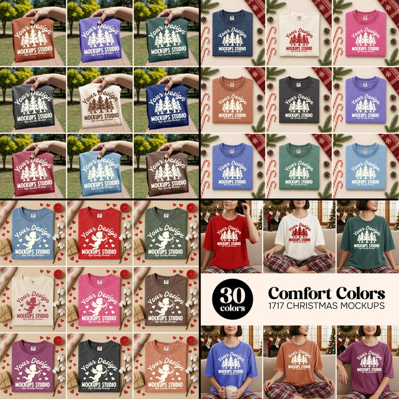 May include: A collection of 30 different colored t-shirts, each folded and displayed. The shirts feature a design with trees and the text "Your Design MOCKUPS STUDIO". The image also includes the text "Comfort Colors" and "1717 Christmas Mockups".
