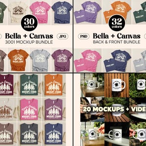 May include: A mockup bundle featuring various t-shirts in multiple colors, including pink, blue, and green. The image also showcases mugs with a logo and the text "Your Design Mockups Studio". The text "30 colors" and "32 colors" are also visible.