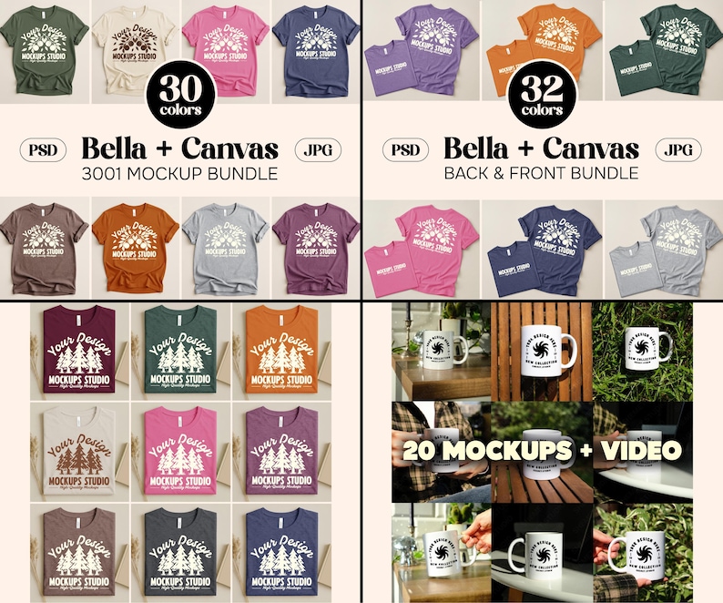 May include: A mockup bundle featuring various t-shirts in multiple colors, including pink, blue, and green. The image also showcases mugs with a logo and the text "Your Design Mockups Studio". The text "30 colors" and "32 colors" are also visible.
