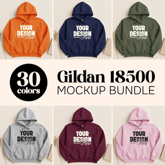 30X Gildan 18500 Flat Lay Mockup Bundle, Hoodie Sweatshirt Mockups, Hooded Sweater Flatlay, Simple G185 Mock-Up, White Background Mock