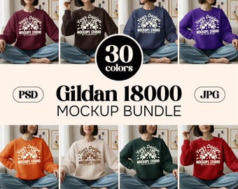 Paquete de 30 maquetas de sudaderas Gildan 18000 / Paquete de maquetas de sudaderas G180 / Estilo boho en modelo / Maquetas boho de moda en 30 colores