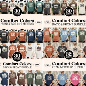 May include: A collection of Comfort Colors t-shirt mockups in various colors, showcasing front and back designs. The image includes multiple color options, with text indicating "30 colors" and "32 colors" available in different bundles. The text reads "Comfort Colors" and "C1717 Mockups".