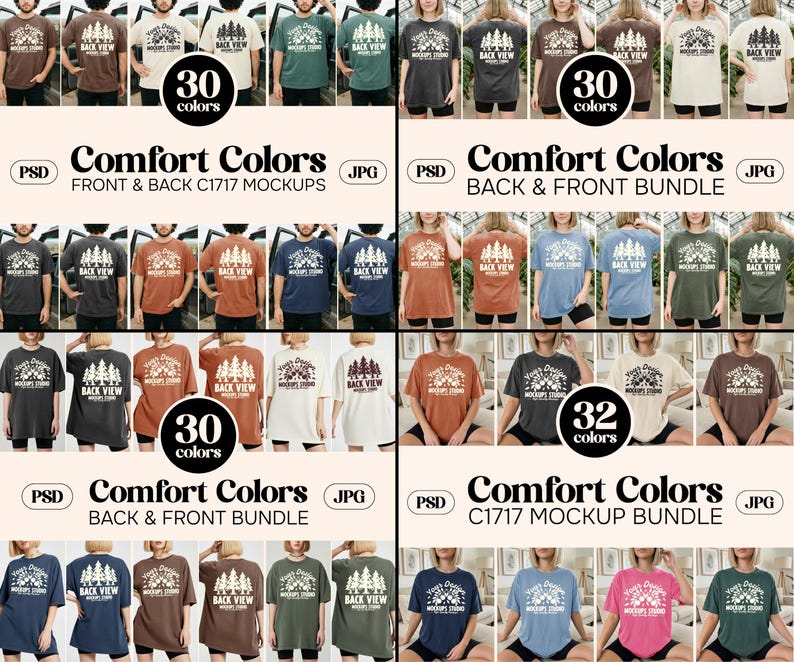 May include: A collection of Comfort Colors t-shirt mockups in various colors, showcasing front and back designs. The image includes multiple color options, with text indicating "30 colors" and "32 colors" available in different bundles. The text reads "Comfort Colors" and "C1717 Mockups".