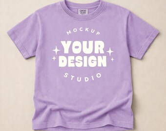 Orchid Comfort Colors C9018 Flat Lay T-shirt Mockup | С9018 Kids Unfolded Shirt Mock-Up | Oversized Youth Shirt Tee | JPG, PSD