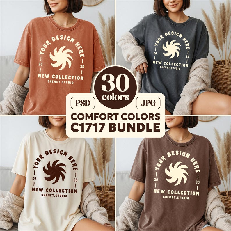 May include: Four t-shirts in different colors, each featuring a circular design with text that reads "YOUR DESIGN HERE" and "NEW COLLECTION SHEMET.STUDIO." The image also includes text that says "30 colors" and "COMFORT COLORS C1717 BUNDLE."