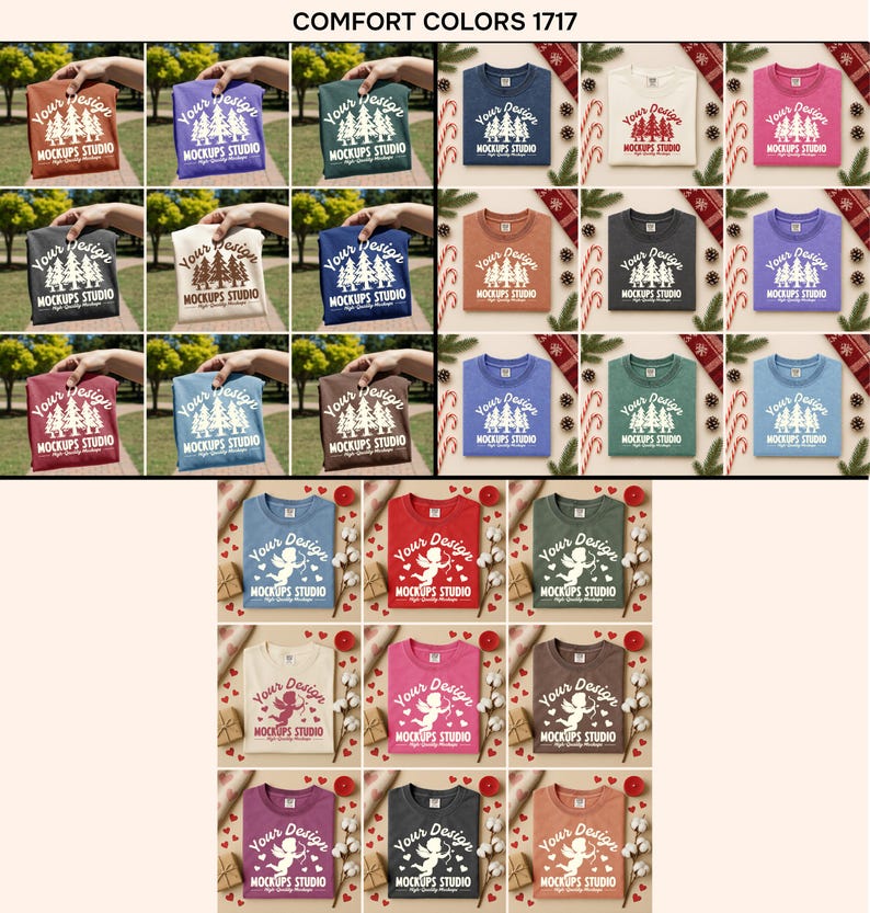 May include: A collection of various colored t-shirts, each featuring a unique design with the text "Your Design" and "MOCKUPS STUDIO". The shirts are displayed in a grid, showcasing a range of colors including brown, blue, green, and red. The text "COMFORT COLORS 1717" is at the top.