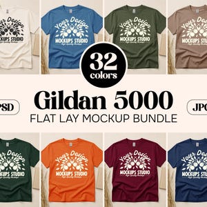 Lot de 32 maquettes de t-shirt Gildan 5000 à plat déplié | Maquette de chemise G500 | Chemise oversize à plat | Kit pour toile, Photoshop